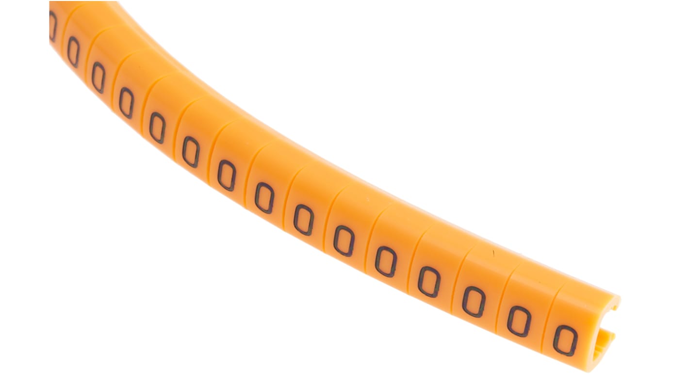 Marcadores de cable RS PRO de Nylon 6 Negro sobre Naranja, texto: 0, Ø máx. 5mm, montaje: Snap On, 100 uds.