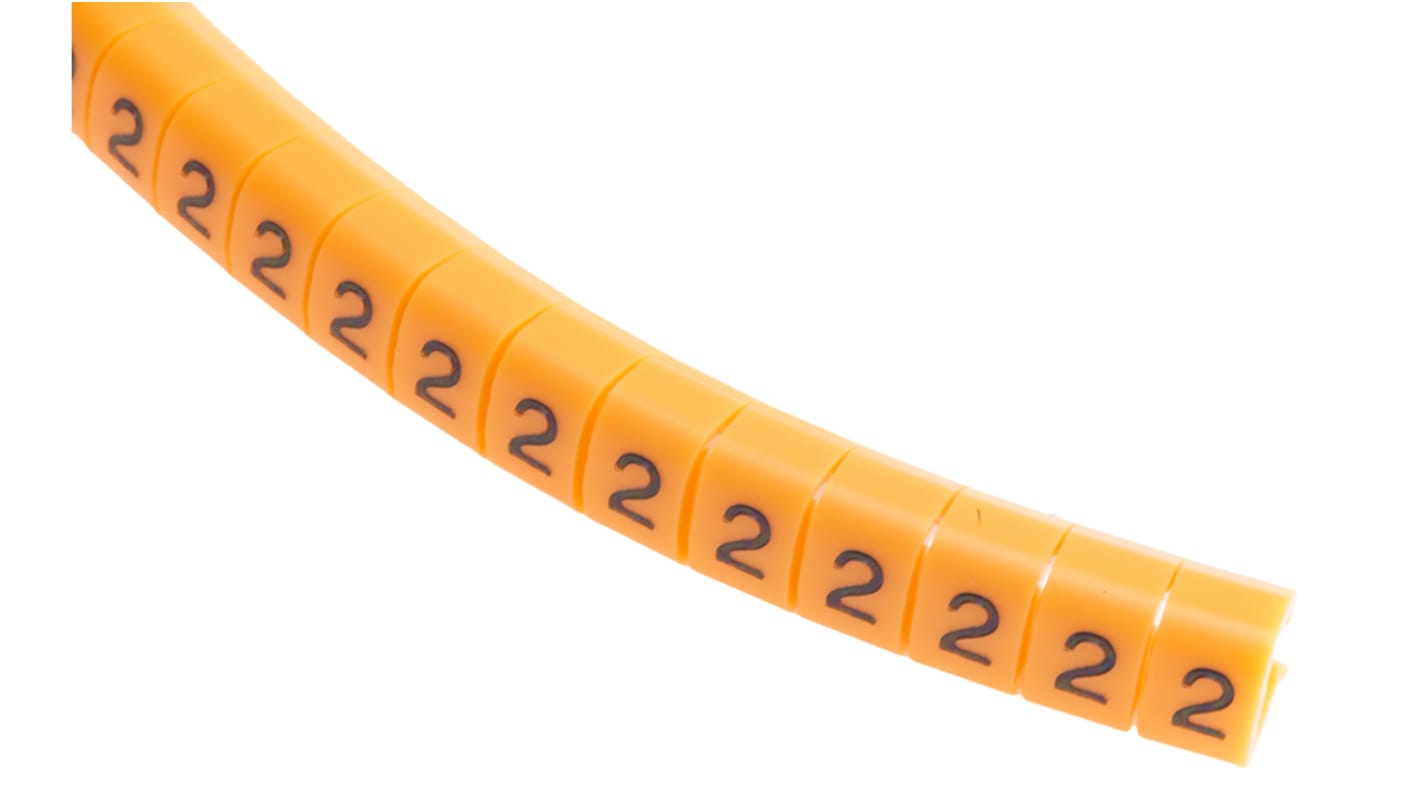 RS PRO Snap On Cable Markers, Black on Orange, Pre-printed "2", 4 → 5mm Cable