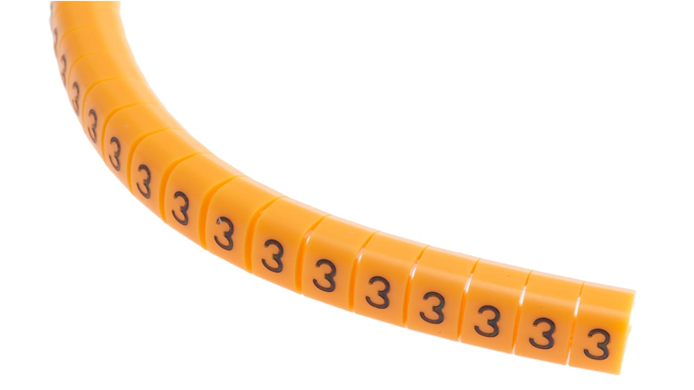 RS PRO Snap On Cable Markers, Black on Orange, Pre-printed "3", 4 → 5mm Cable