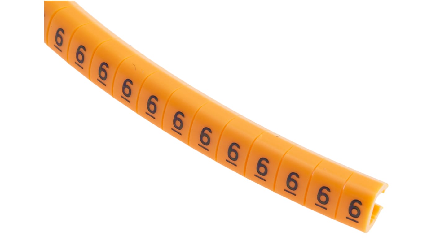 Marcadores de cable RS PRO de Nylon 6 Negro sobre Naranja, texto: 6, Ø máx. 5mm, montaje: Snap On, 100 uds.