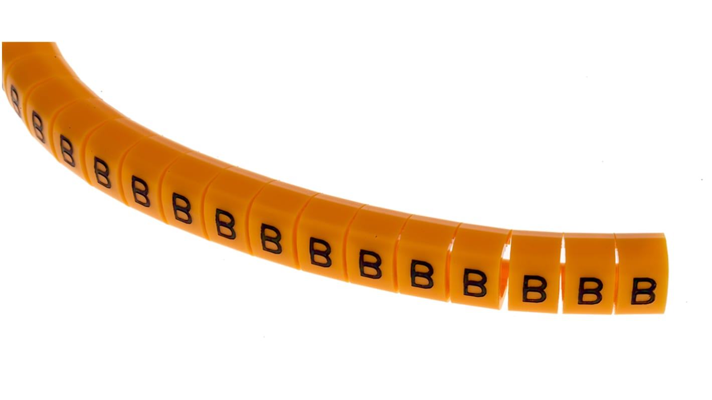 RS PRO Snap On Cable Markers, Black on Orange, Pre-printed "B", 4 → 5mm Cable