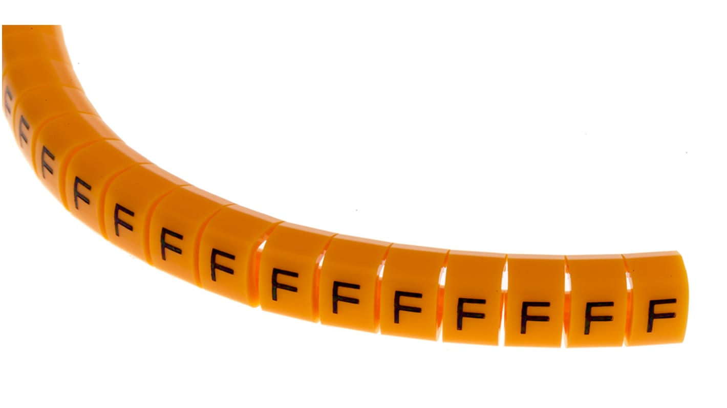 RS PRO Snap On Cable Markers, Black on Orange, Pre-printed "F", 4 → 5mm Cable