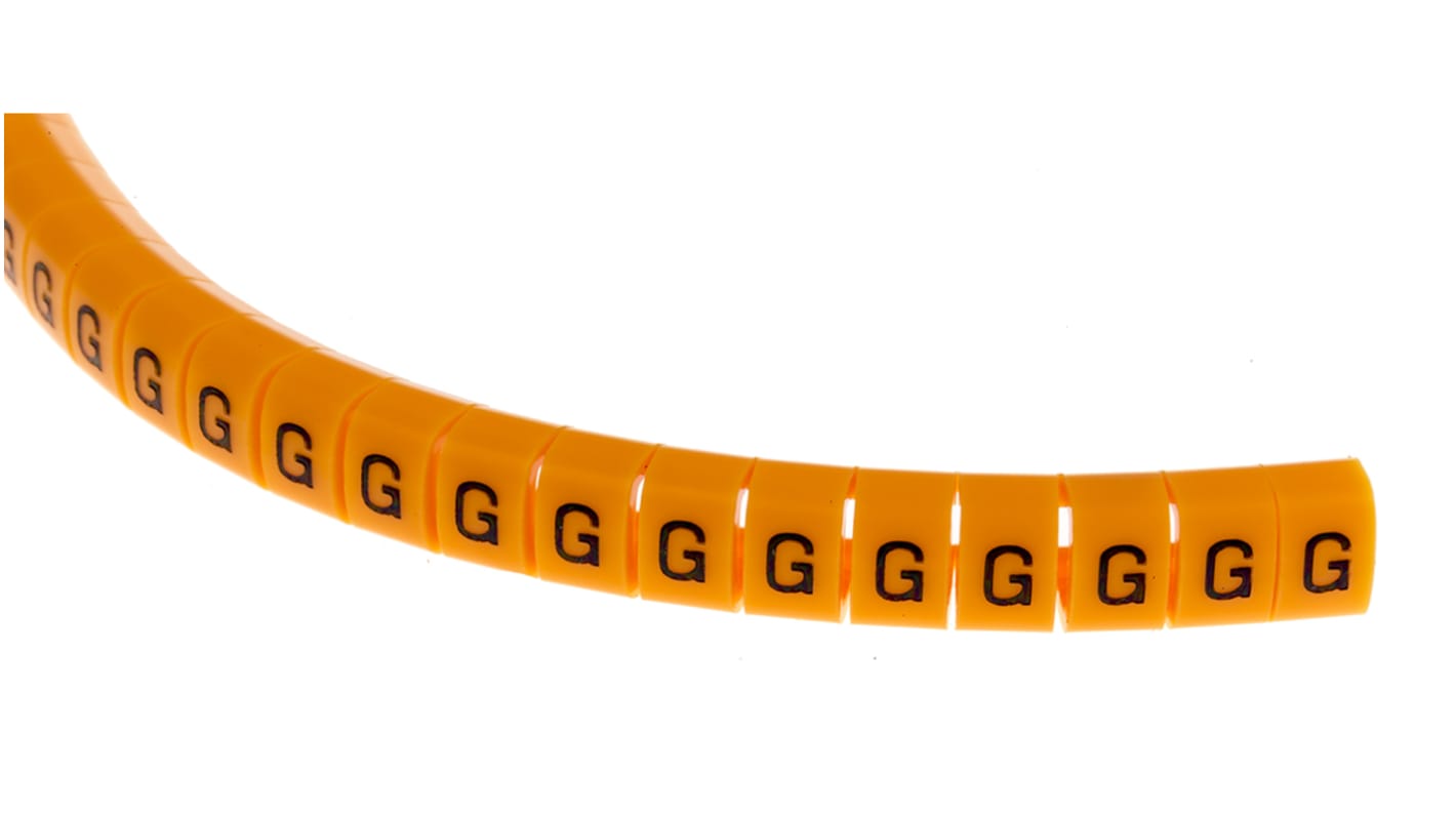 RS PRO Snap On Cable Markers, Black on Orange, Pre-printed "G", 4 → 5mm Cable