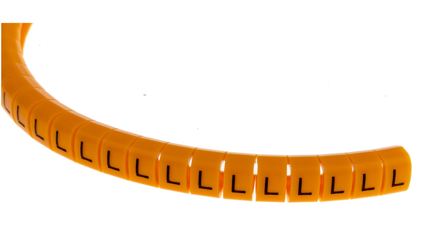 RS PRO Snap On Cable Markers, Black on Orange, Pre-printed "L", 4 → 5mm Cable
