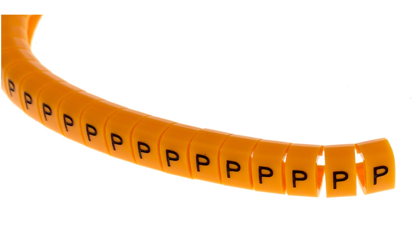 RS PRO Snap On Cable Markers, Black on Orange, Pre-printed "P", 4 → 5mm Cable