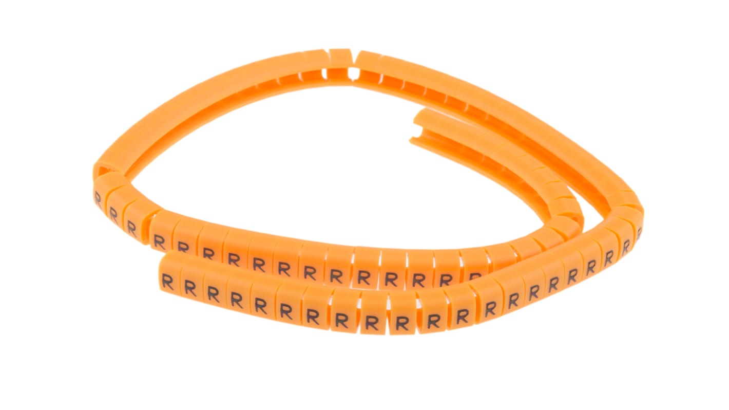 Marcadores de cable RS PRO de Nylon 6 Negro sobre Naranja, texto: R, Ø máx. 5mm, montaje: Snap On, 100 uds.