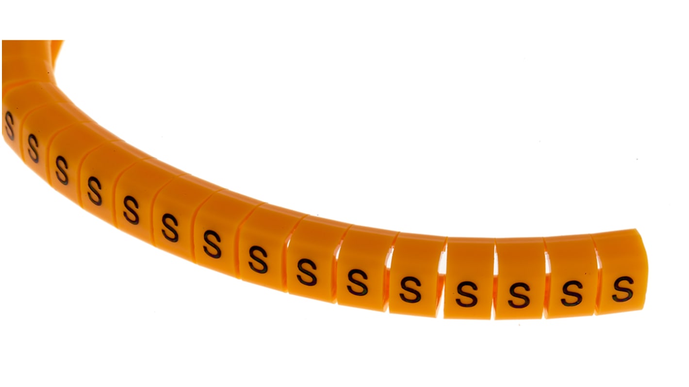 RS PRO Snap On Cable Markers, Black on Orange, Pre-printed "S", 4 → 5mm Cable