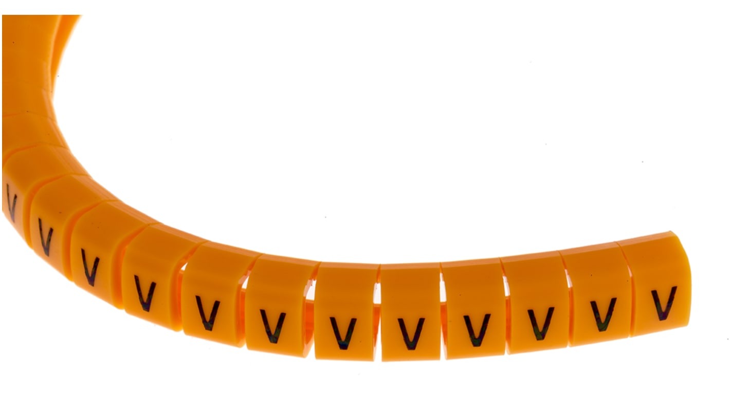 Marcadores de cable RS PRO de Nylon 6 Negro sobre Naranja, texto: V, Ø máx. 5mm, montaje: Snap On, 100 uds.