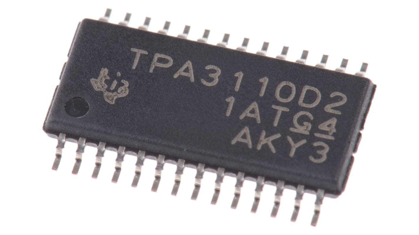 Texas Instruments D osztály TPA3110D2PWP 2-csatornás Audio Hangerősítő Stereo 15W, +85 °C, 28-tüskés HTSSOP