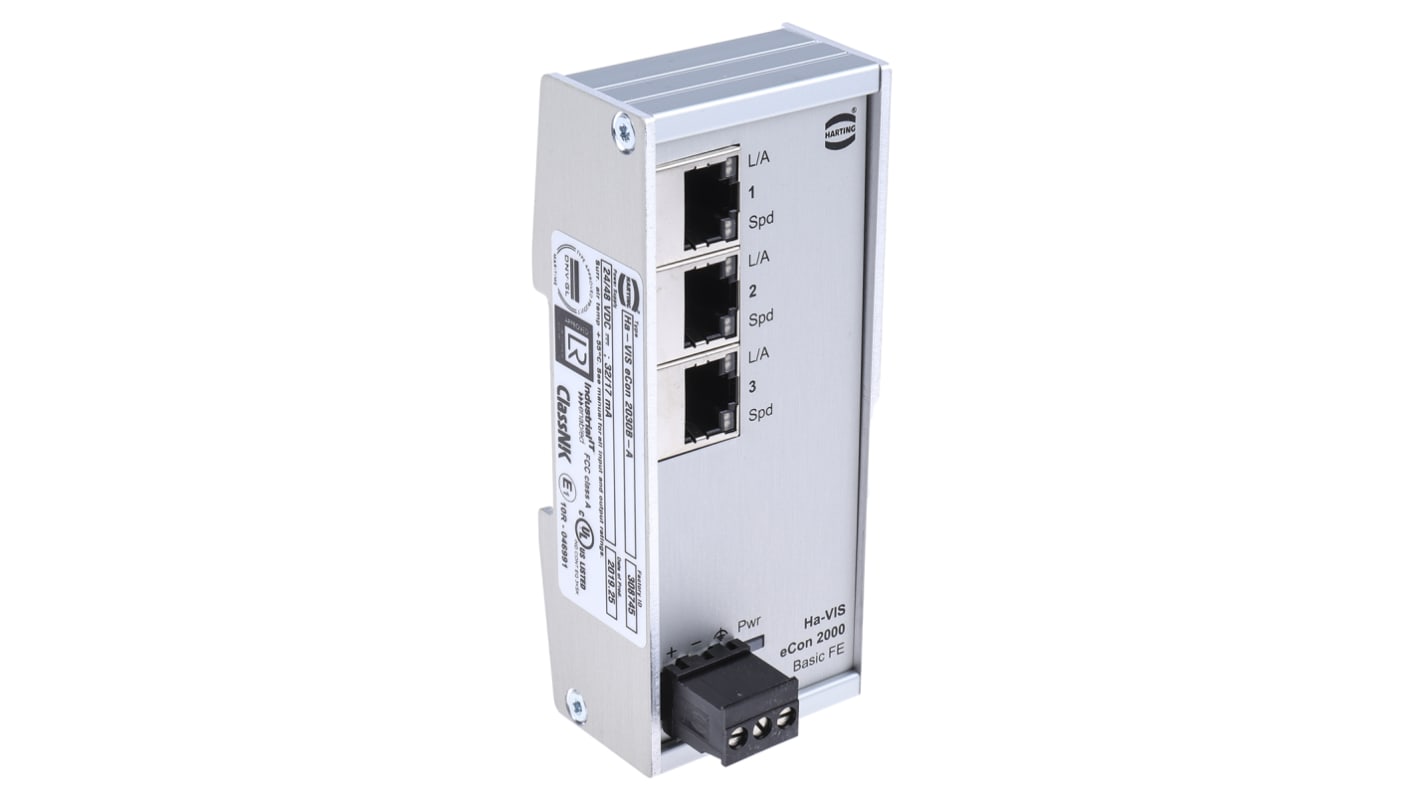 HARTING DIN Rail Mount Ethernet Switch, 3 RJ45 Ports, 10/100Mbit/s Transmission, 24V dc