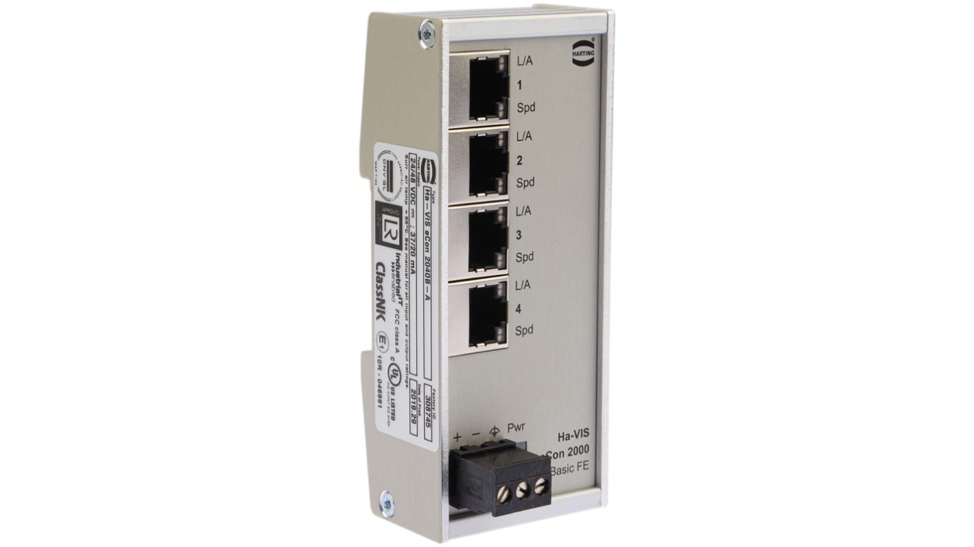 HARTING DIN Rail Mount Ethernet Switch, 4 RJ45 Ports, 10/100Mbit/s Transmission, 28/48V dc