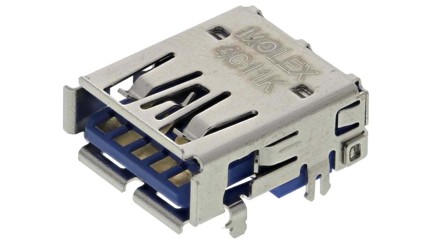 Conector USB Molex 48392-0003, Hembra, , 1 puerto puertos, Ángulo de 90° , Montaje en orificio pasante, Versión 3.0,