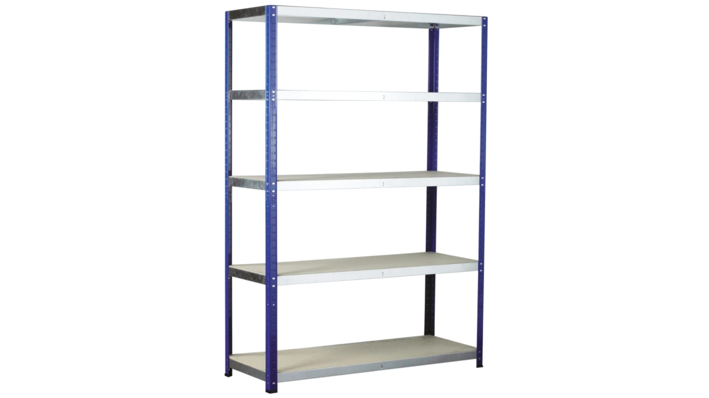 RS PRO Blue 5 Shelf Chipboard, Galvanised Steel Eco-Rax Shelving System, 1800mm x 900mm, 600mm, 265kg Load