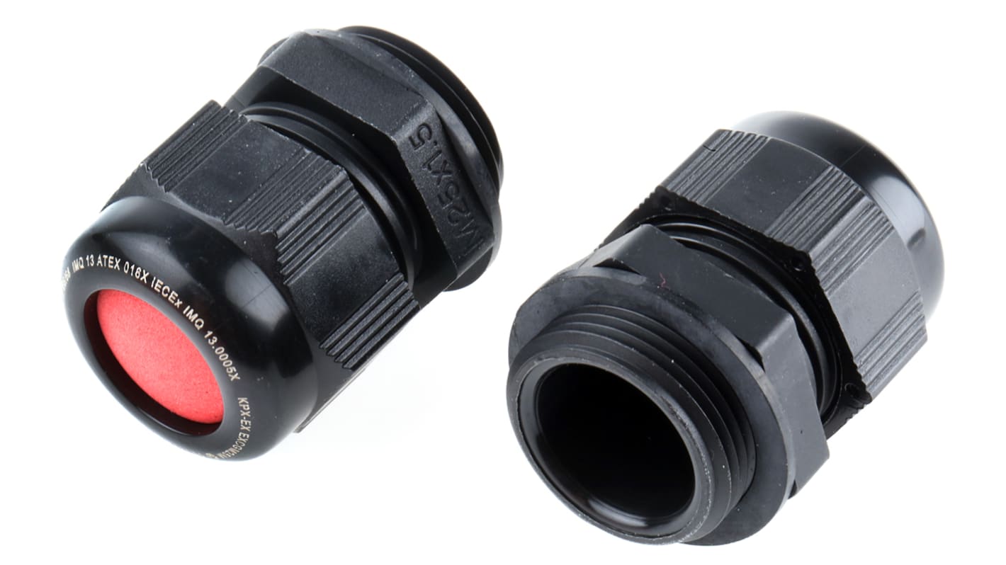 Kopex-EX CGM Series Black Nylon Cable Gland, M25 Thread, 11mm Min, 17mm Max, IP66, IP68