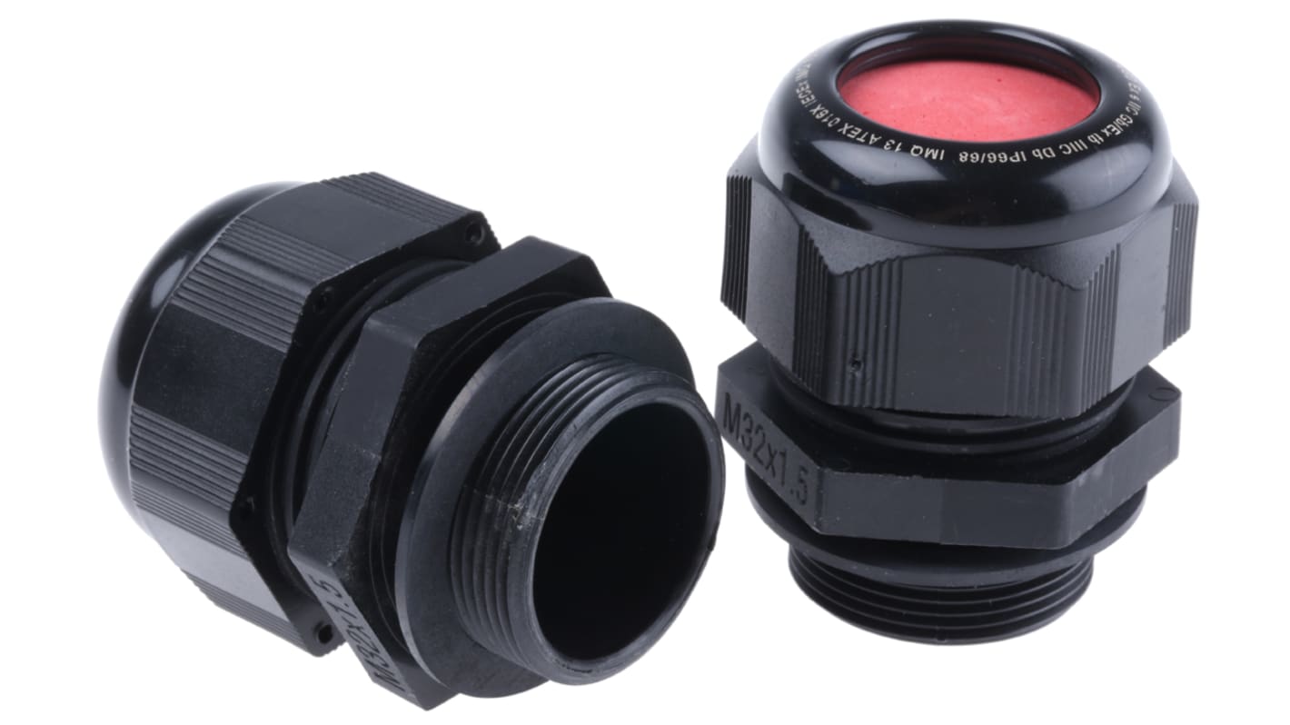 Kopex-EX CGM Series Black Nylon Cable Gland, M32 Thread, 15mm Min, 21mm Max, IP66, IP68