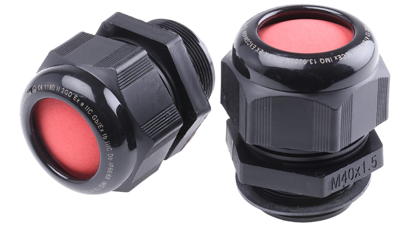 Kopex-EX CGM Series Black Nylon Cable Gland, M40 Thread, 22mm Min, 32mm Max, IP66, IP68