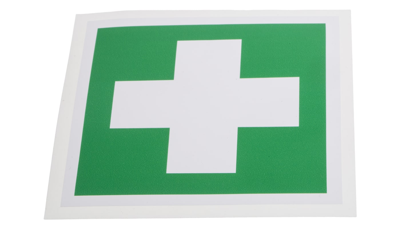 RS PRO Vinyl Green/White First Aid Label, H100 mm W100mm