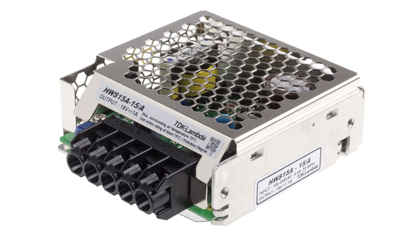 TDK-Lambda Switching Power Supply, HWS15A-15/A, 15V dc, 1A, 15W, 1 Output, 120 → 370 V dc, 85 → 265 V ac