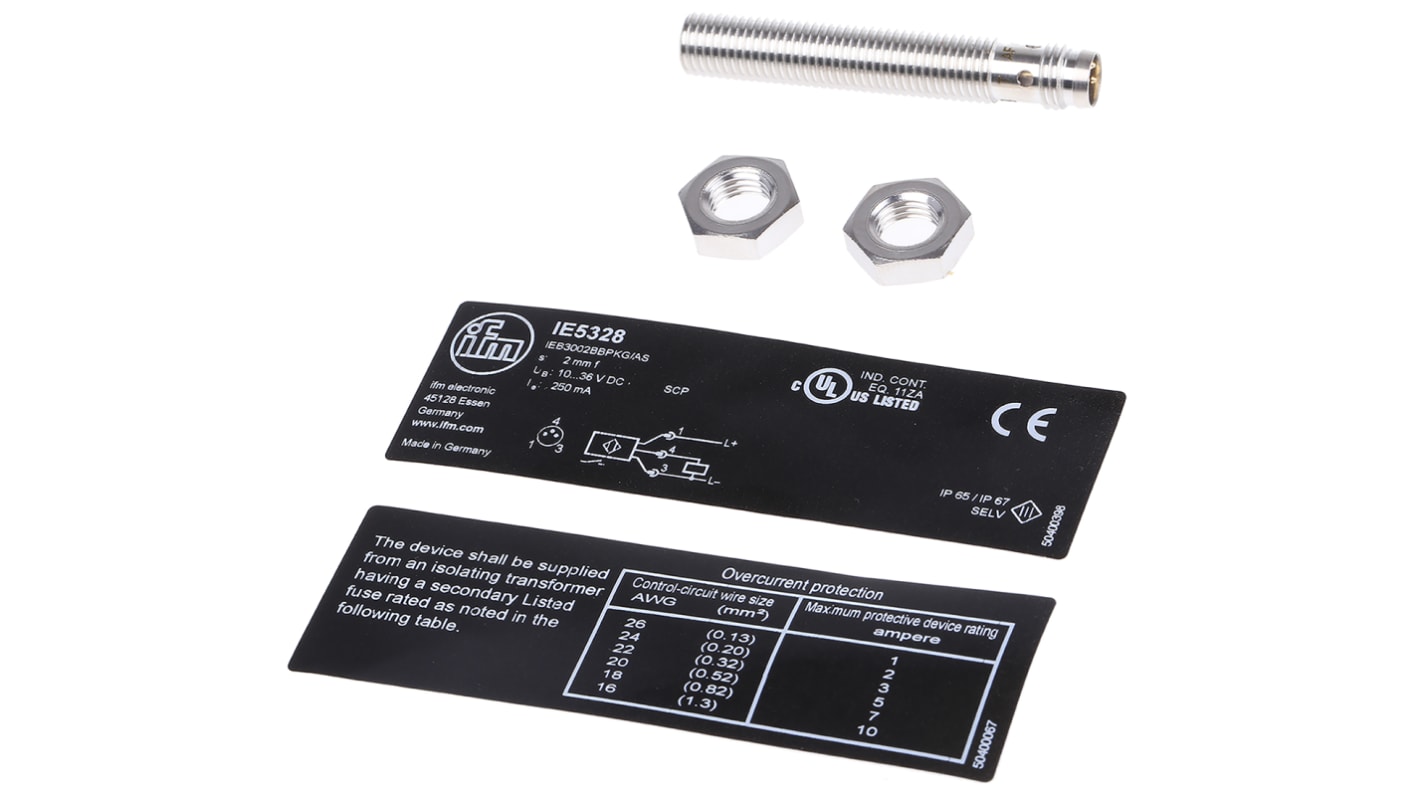 Sensor de proximidad ifm electronic, M8 x 1, alcance 2 mm, salida PNP, 10 → 36 V dc, IP67, 1kHz