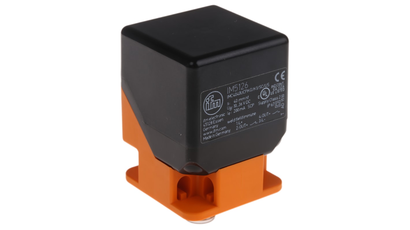 ifm electronic Inductive Block-Style Proximity Sensor, 40 mm Detection, PNP Output, 10 → 36 V dc, IP67