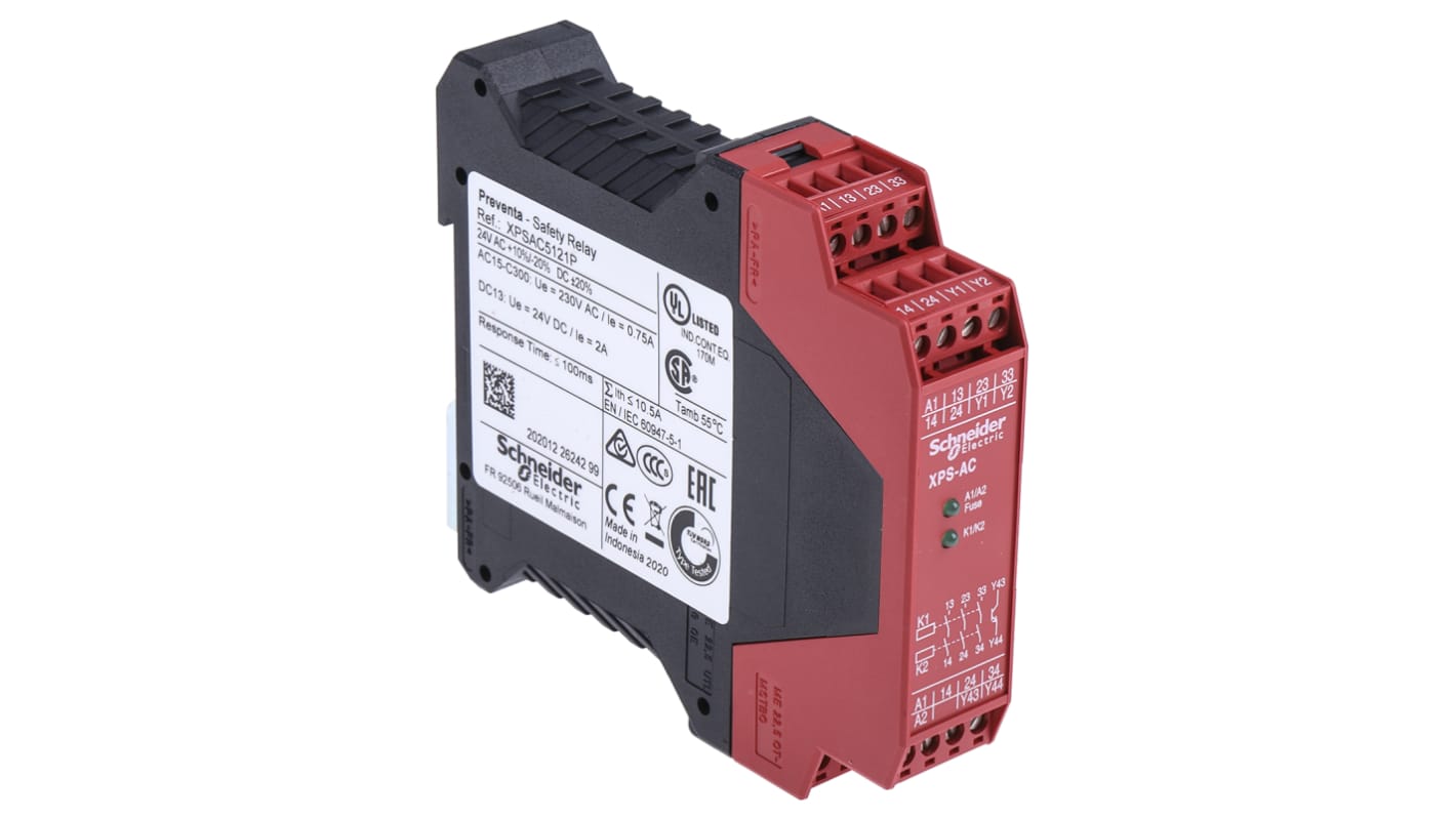 Schneider Electric Single-Channel Emergency Stop, Safety Switch/Interlock Safety Relay, 24V ac/dc, 3 Safety Contacts