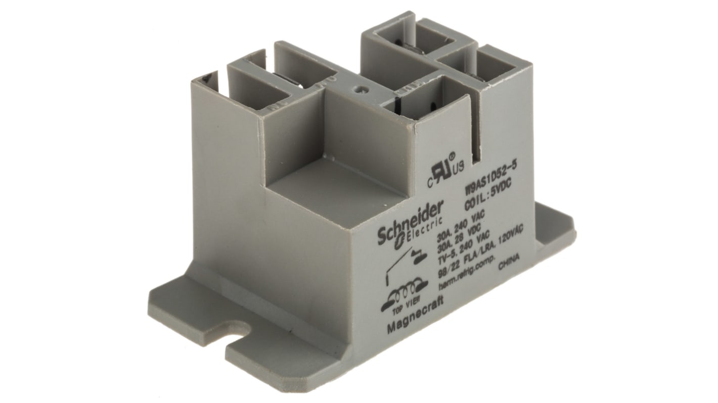 Relé de potencia sin enclavamiento Schneider Electric de 1 polo, SPST, bobina 5V dc, 30A, Montaje por reborde