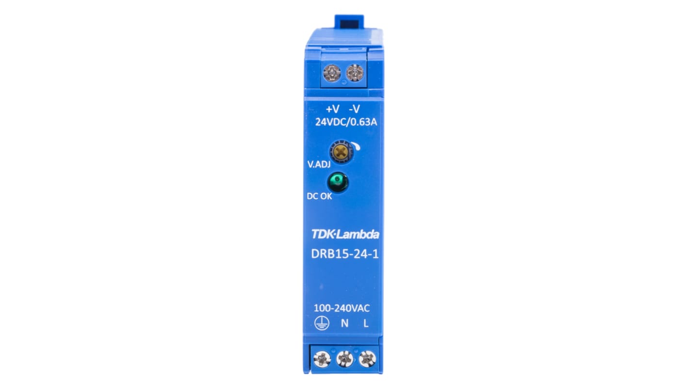 Alimentation pour rail DIN TDK-Lambda, série DRB, 24V c.c.out 630mA, 85 → 264V c.a.in, 15W