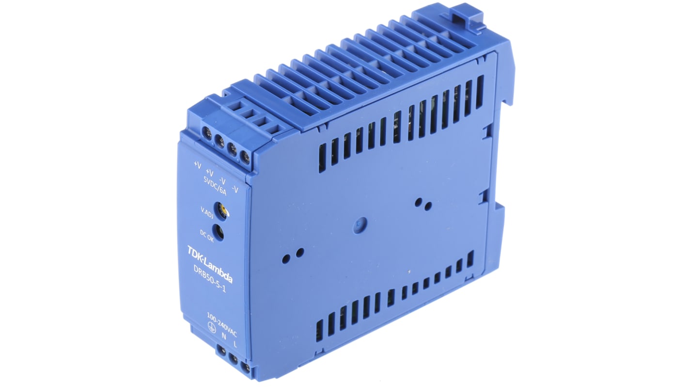 TDK-Lambda DRB Switched Mode DIN Rail Power Supply, 85 → 264V ac ac Input, 5V dc dc Output, 6A Output, 50W