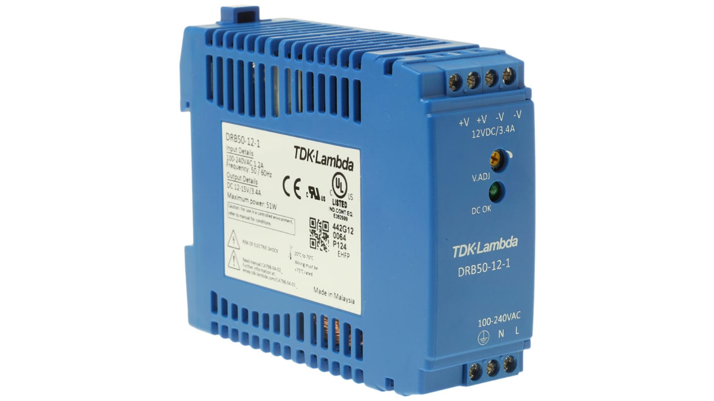 TDK-Lambda DRB Switch Mode DIN Rail Power Supply, 85 → 264V ac ac Input, 12V dc dc Output, 3.4A Output, 50W