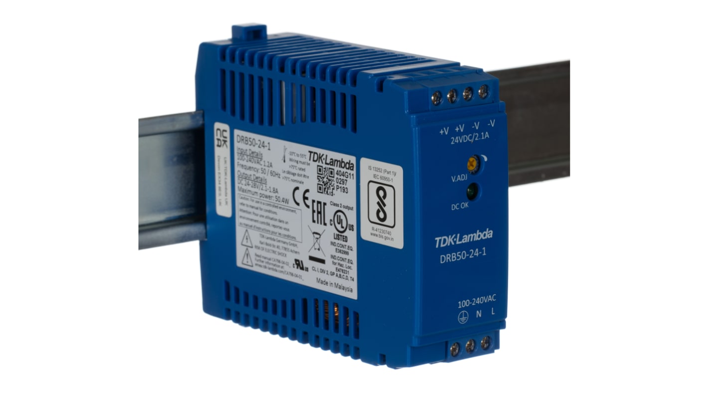 Lambda DRB Switch-Mode DIN-Schienen Netzteil 50W, 85 → 264V ac, 24V dc / 2.1A