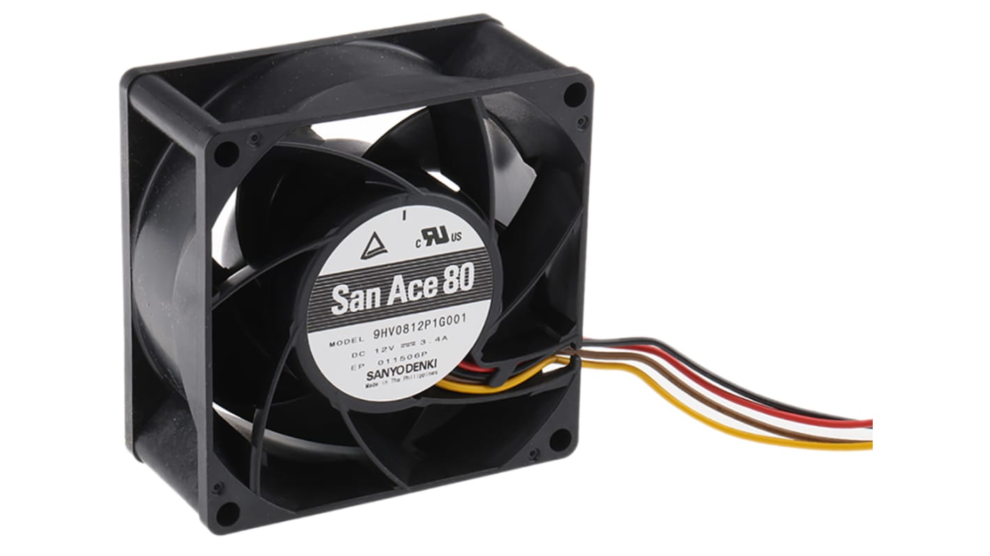 Sanyo Denki San Ace 9HV Series Axial Fan, 12 V dc, DC Operation, 222m³/h, 40.8W, 3.4A Max, 80 x 80 x 38mm