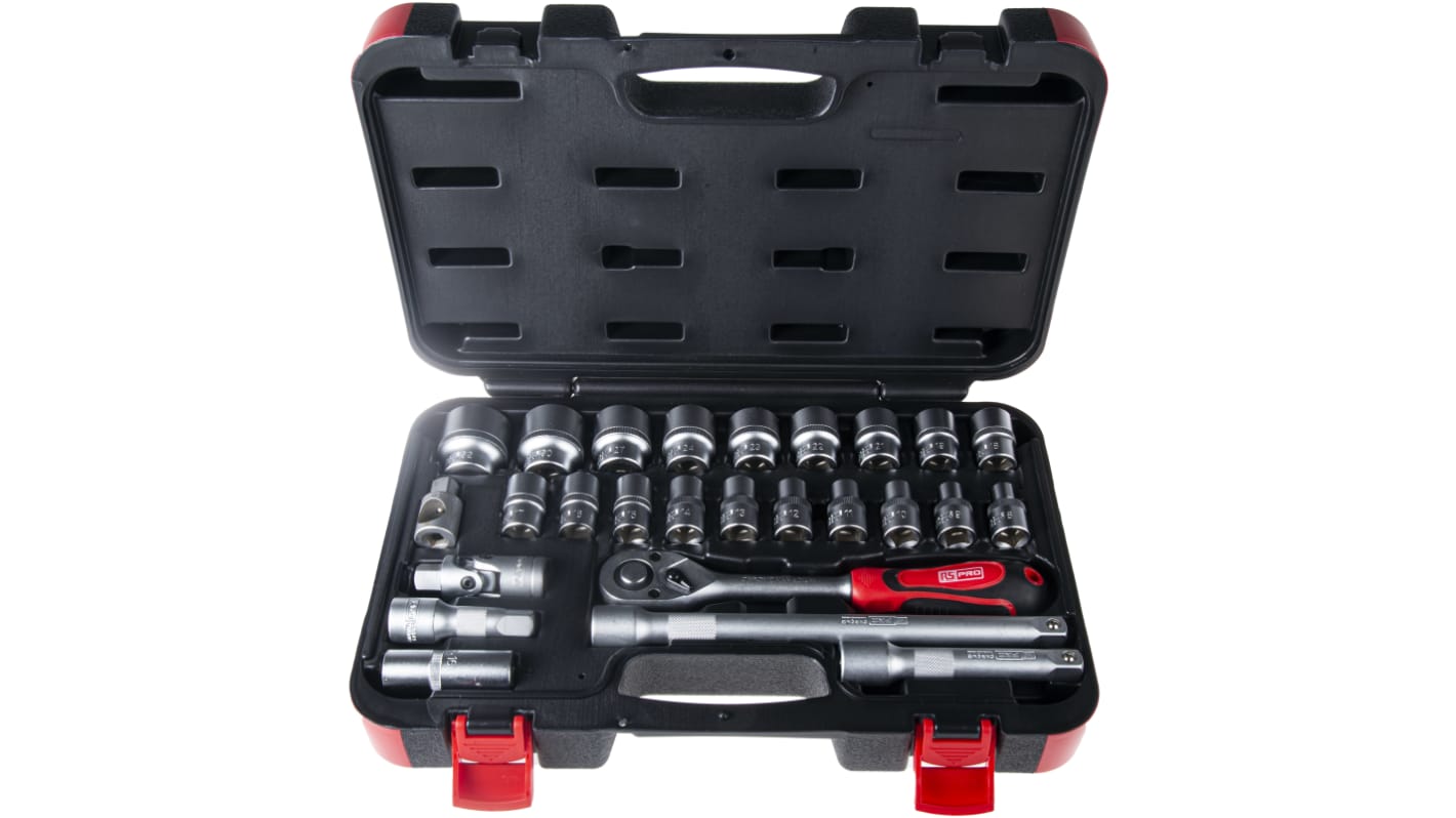 RS PRO 26-Piece Metric 1/2 in Standard Socket Set with Ratchet, 6 point