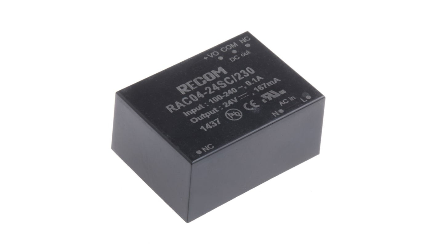 Recom Switching Power Supply, RAC04-24SC/230, 24V dc, 167mA, 4W, 1 Output, 80 → 264V ac Input Voltage