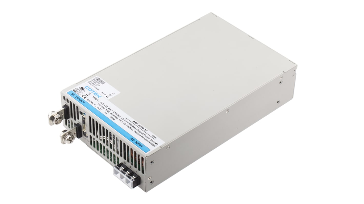 COTEK Switching Power Supply, AEK-3000-12, 12V dc, 200A, 2.4kW, 1 Output, 127 → 370 V dc, 90 → 264 V ac