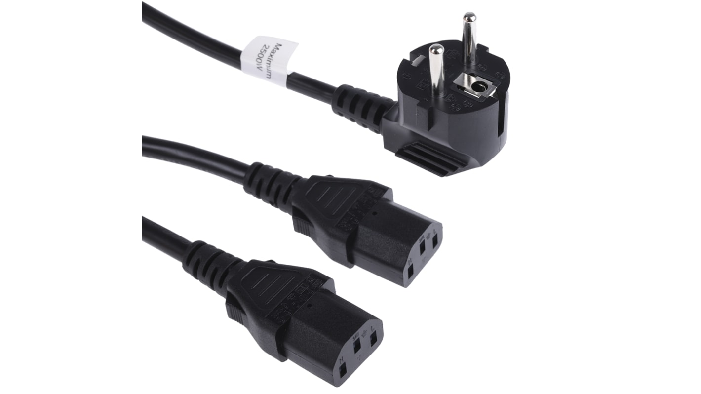 Cable de alimentación RS PRO Negro de 2.5m, con. A IEC C13 x 2, hembra, con. B CEE 7/7, macho, 250 V / (IEC C13) 10 A,