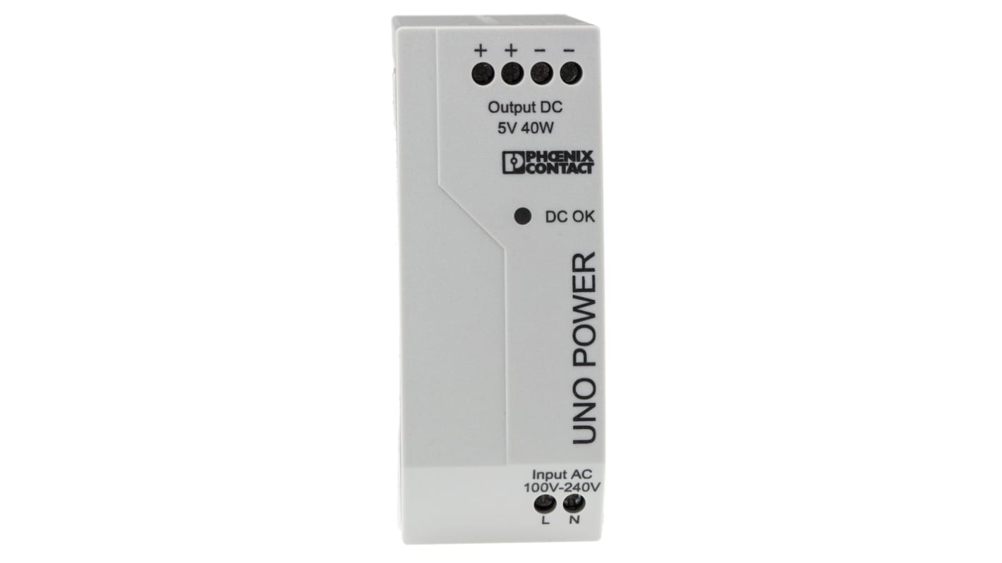 Phoenix Contact UNO-PS/1AC/ 5DC/ 40W Switched Mode DIN Rail Power Supply, 85 → 264V ac ac Input, 5V dc dc