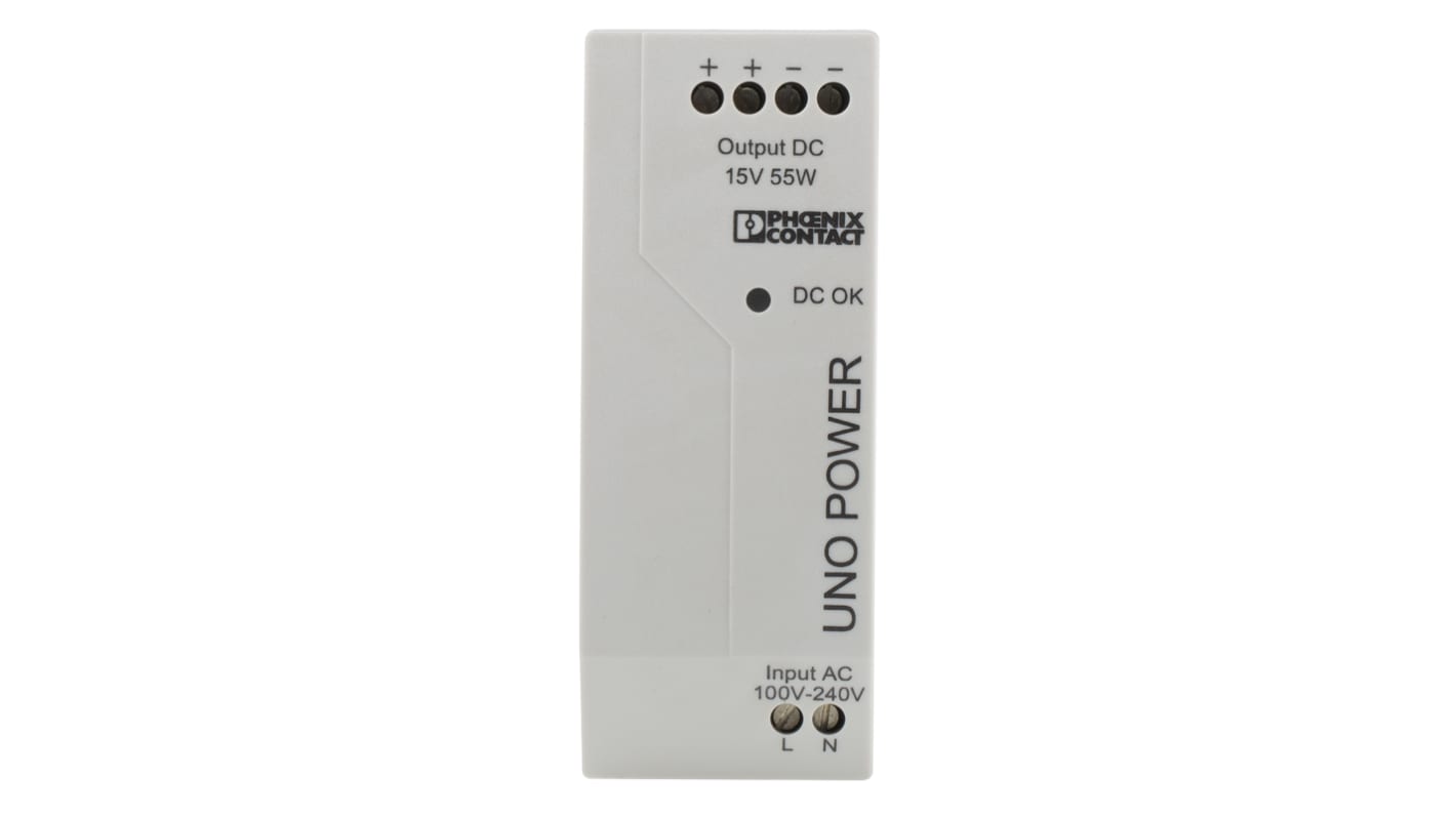 Phoenix Contact UNO-PS/1AC/15DC/ 55W Switch Mode DIN Rail Power Supply, 85 → 264V ac ac Input, 15V dc dc Output,