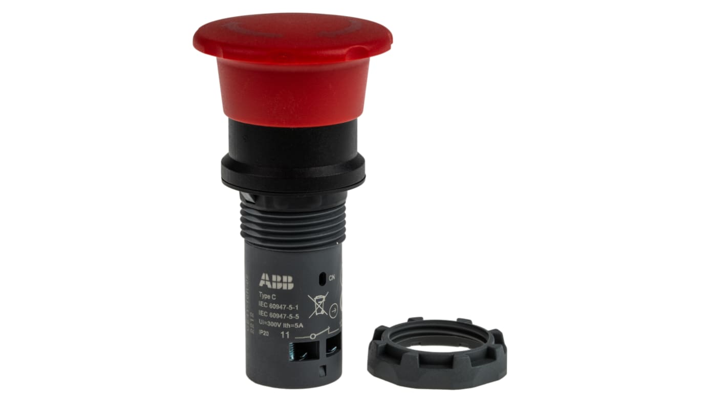 ABB CE4T Series Twist Release Emergency Stop Push Button, Panel Mount, 22.5mm Cutout, 2NC, IP66, IP67, IP69K