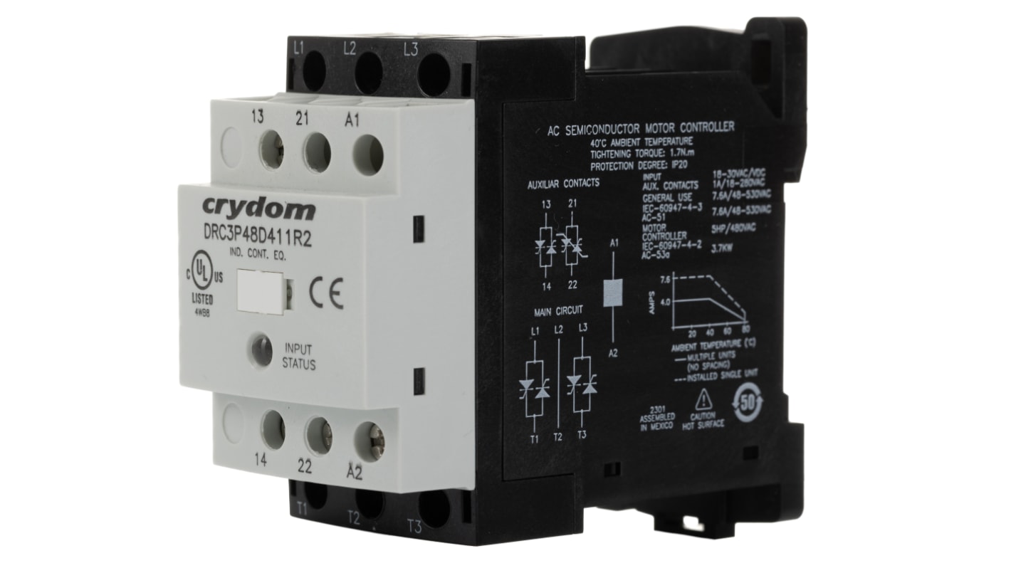 Sensata / Crydom DRC Series Solid State Contactor, 3-Pole, 8 mA, 1NO + 1NC, 24 Vdc