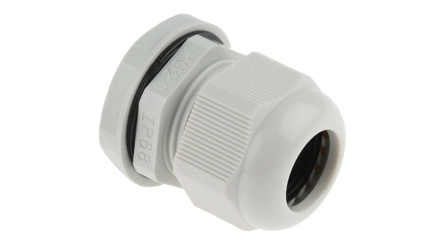 RS PRO Grey Nylon Cable Gland, PG21 Thread, 13mm Min, 18mm Max, IP68 | RS