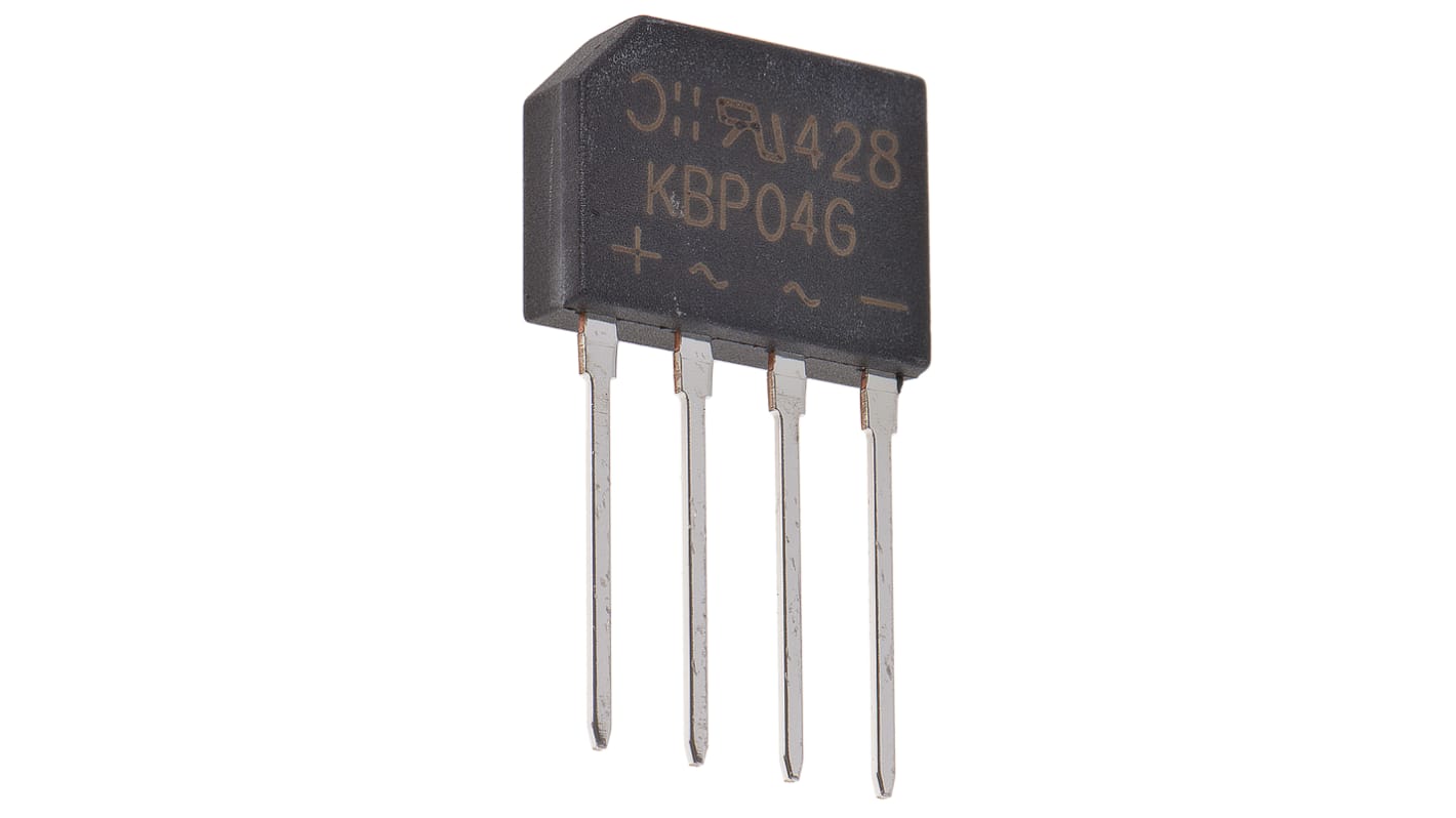 Rectificador en puente, KBP04G, Monofásico, 1.5A 400V, Conexión de silicio KBP, 4 pines