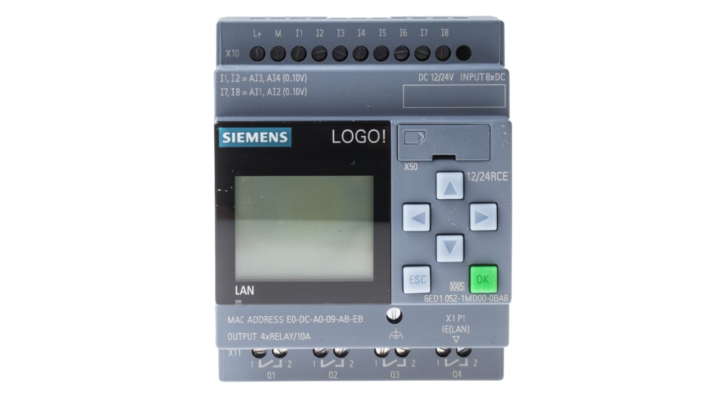 Siemens logikai modul, Ethernet, 8 x bemenet, 4 x kimenet LOGO! 8, 12 → 24 V DC, 90 x 71,5 x 60 mm, Logikai