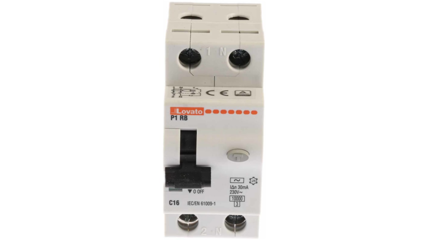 Disjoncteur différentiel magnéto-thermique Lovato 16A 1P+N, sensibilité 30mA Type C, Montage rail DIN, P1RB