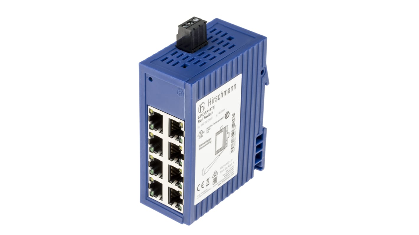 Switch Ethernet no gestionado Hirschmann 943376001, 8 puertos RJ45, Montaje Carril DIN
