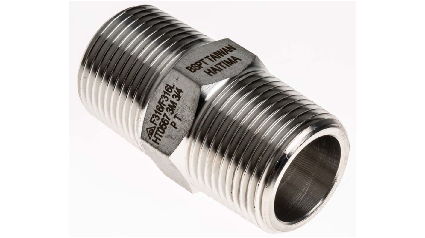 RS PRO Stainless Steel Pipe Fitting, Straight Hexagon Nipple Joint, Male R 3/4in x Male R 3/4in