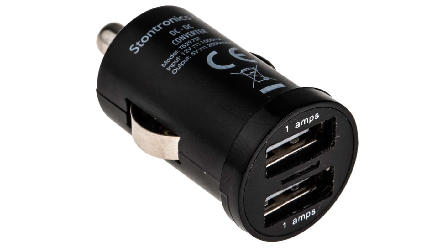 Caricabatterie da auto, ingresso 12V cc, uscita 5V cc, 2 x 1A, 10W, USB