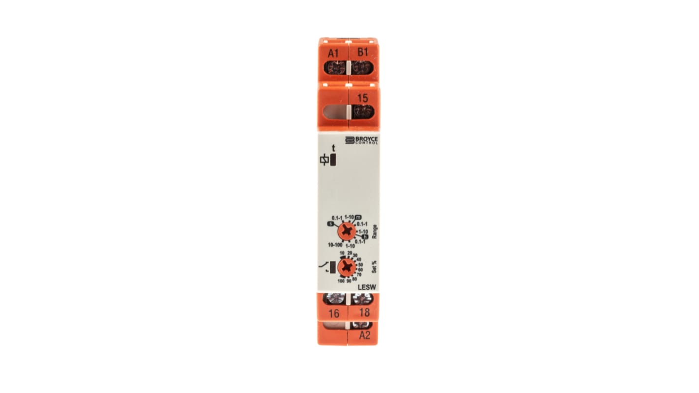 Broyce Control DIN Rail Mount Timer Relay, 12 → 230V ac/dc, 1-Contact, 0.1 s → 100h, 1-Function, SPDT