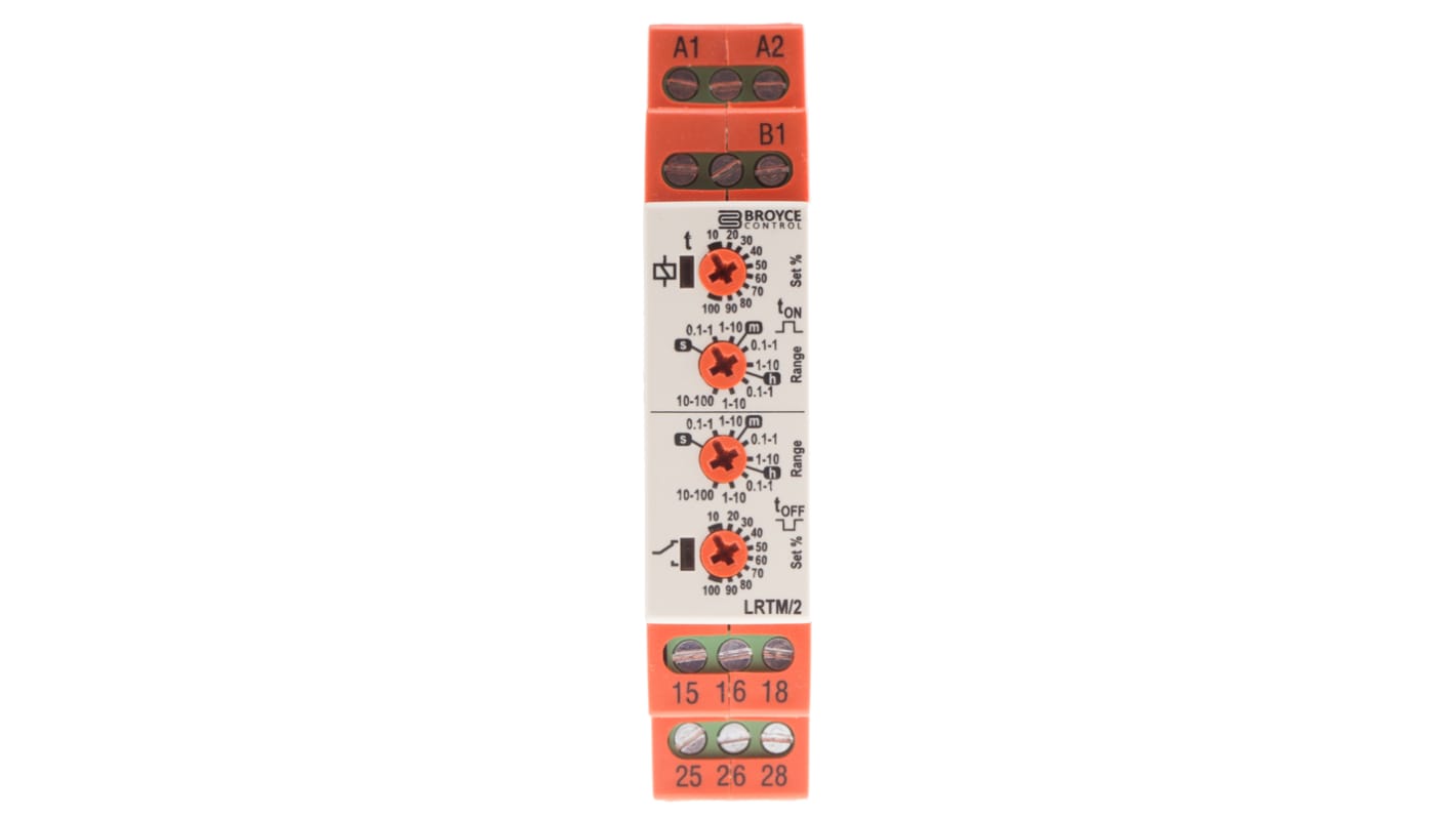 Broyce Control DIN Rail Mount Timer Relay, 12 → 230V ac/dc, 2-Contact, 0.1 s → 100h, 2-Function, DPDT