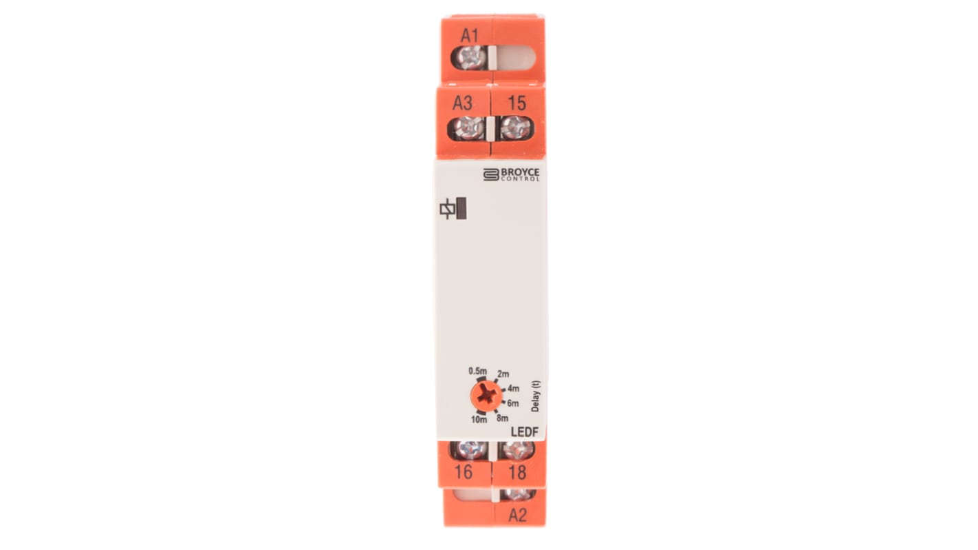 Broyce Control DIN Rail Mount Timer Relay, 110 V ac, 24V ac/dc, 1-Contact, 0.5 → 10min, 1-Function, SPDT