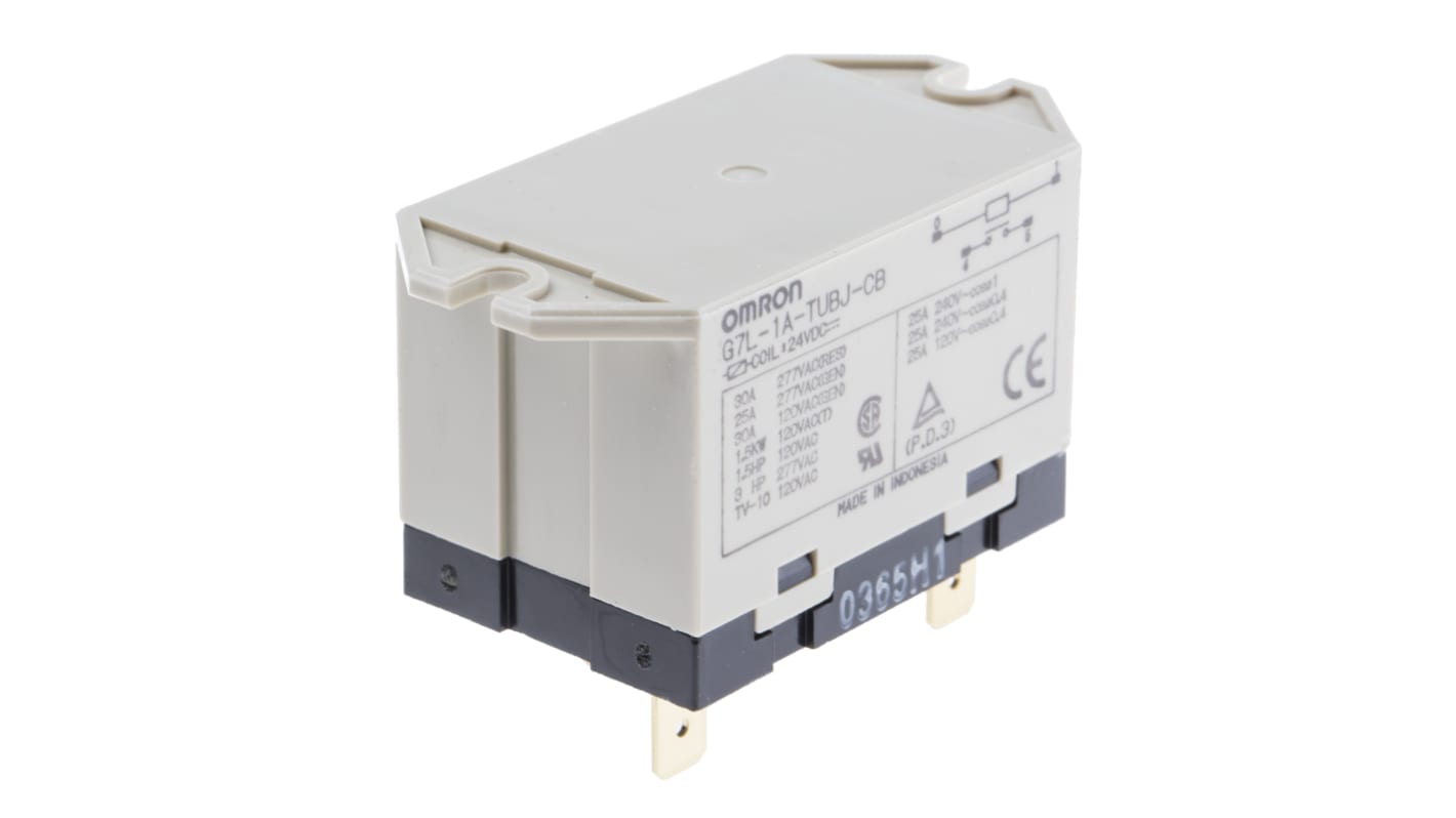 Relé de potencia sin enclavamiento Omron G7L de 1 polo, SPST, bobina 24V dc, 30A, Montaje por reborde